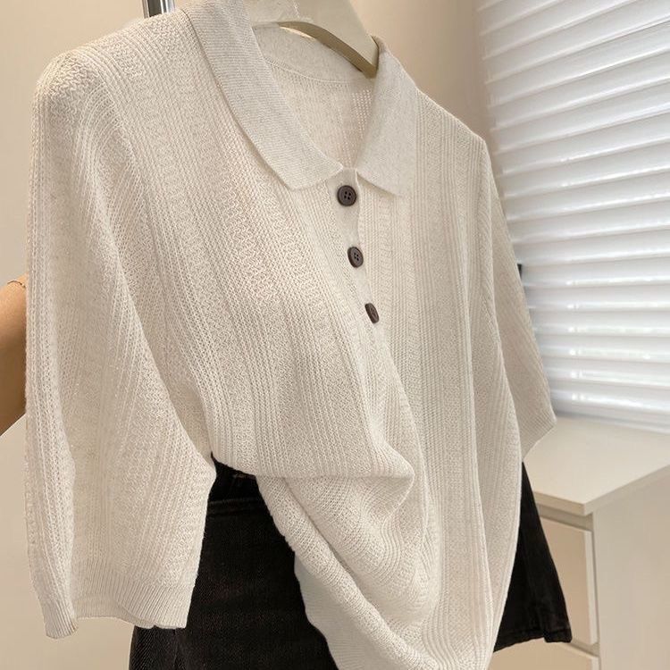 2025 New Summer Polo Collar Knitted Short-Sleeved T-Shirt for Women, High-End, Fashionable and Versatile Right Shoulder Top 2025 New Summer Polo Collar Knitted Short-Sleeved T-Shirt for Women, High-End, Fashionable and Versatile Right Shoulder Top