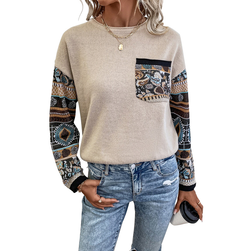 Women's Clothing Women's Autumn Knitted Loose Sweater Round Neck Color Block Long Sleeve Top For Formal & Casual For Women_ecoleips.com