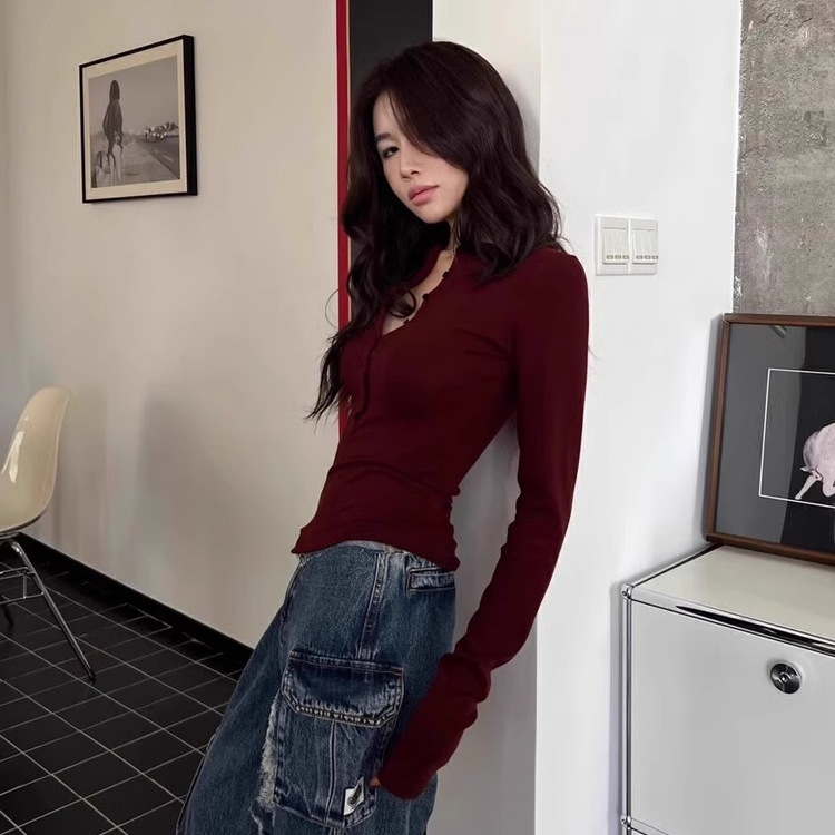 아메리칸 스파이스 걸스 하프 오픈 칼라 레드 화이트 티셔츠 여성용 내면베이스 셔츠 V 넥 긴팔 탑 트렌디