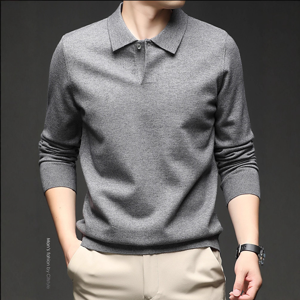 Polo de color sólido para hombres otoño y invierno moda jacquard camiseta de regazo de manga larga regazo nuevo suéter de hombre casual