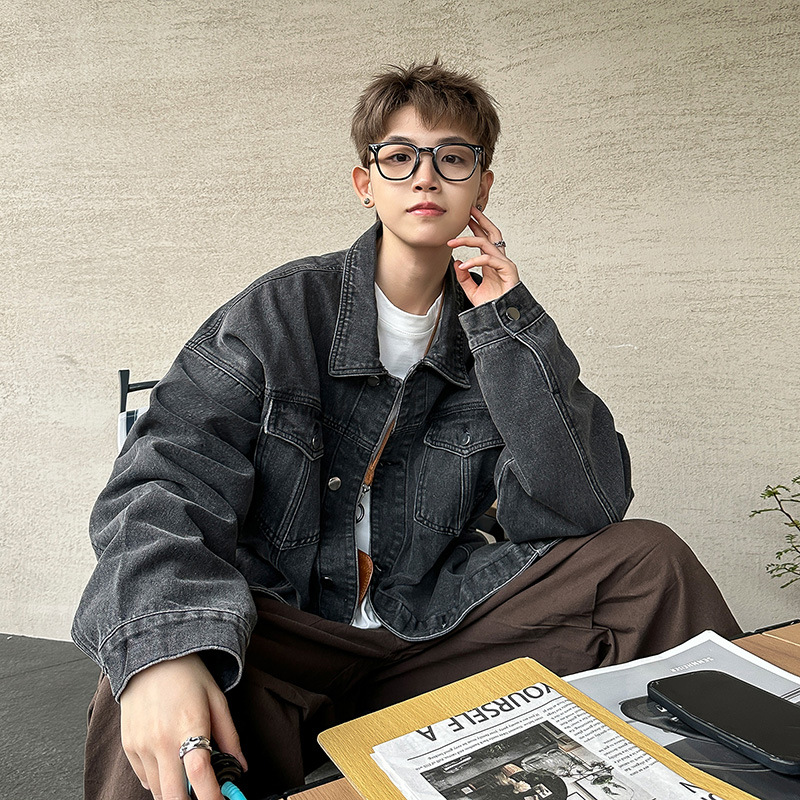 American retro yellow mud Denim coat men's spring and autumn loose fashion brand jacket Ruan handsome high-grade all-match raccoon