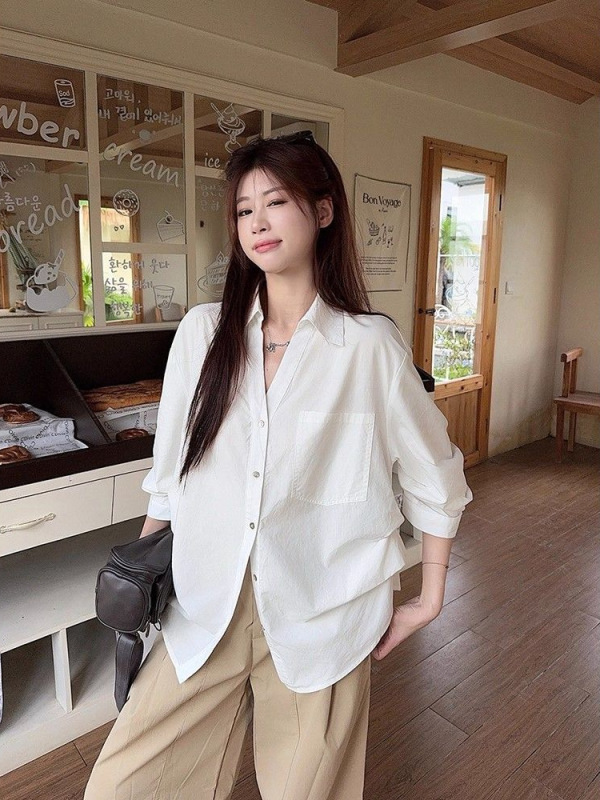 宽松polo领白色长袖衬衫女装秋季小众衬衣韩系慵懒松弛感开衫上衣|undefined