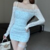 One line neckline off shoulder long sleeved bottomed buttocks wrapped short dress
