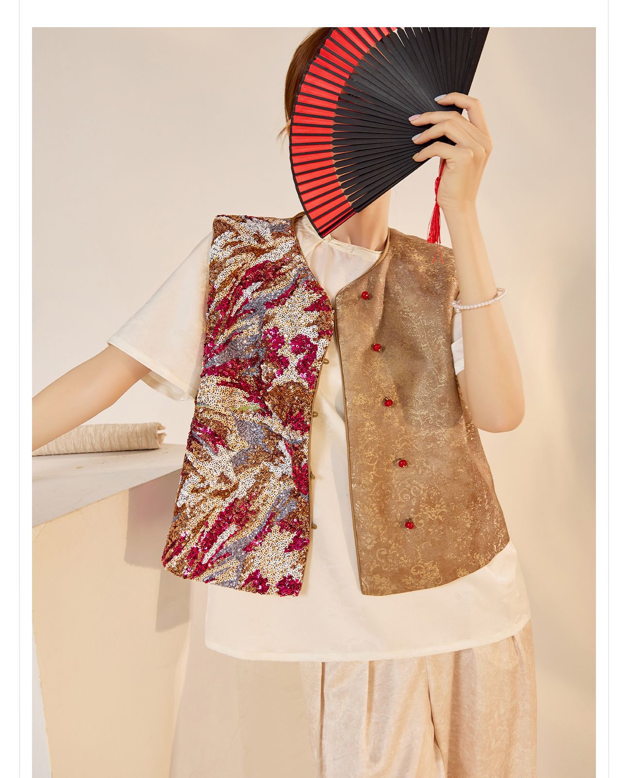 Áo vest nữ phong cách Trung Hoa mới 2026, thiết kế thêu sequin, chất rayon sang trọng — Đen, Màu huyền ảo, Xanh lam chi tiết 9