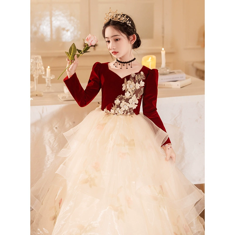 Elegant elite dress, velvet red piano, small princess costume, Birthday gift