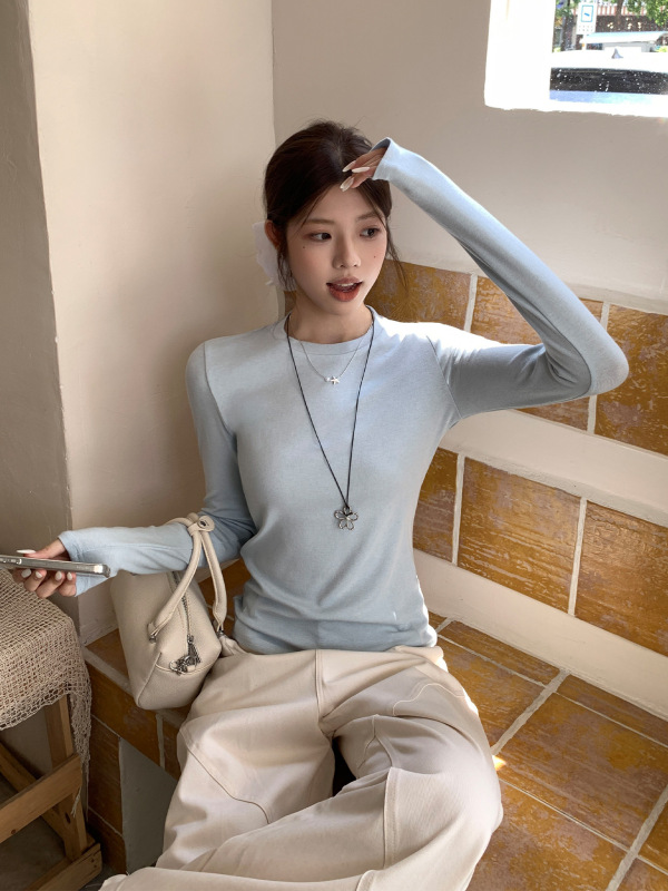 蓝色圆领正肩基础款长袖打底衫女2025秋季简约内搭修身显瘦上衣|undefined