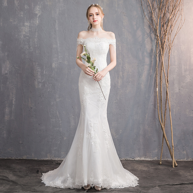 Vestido de Novia Estilo Sirena 2025, Nuevo Estilo, Ajustado, Sencillo, con Hombros Descubiertos, Cola Pequeña, Vestido de Novia de una Pieza, Venta al por Mayor