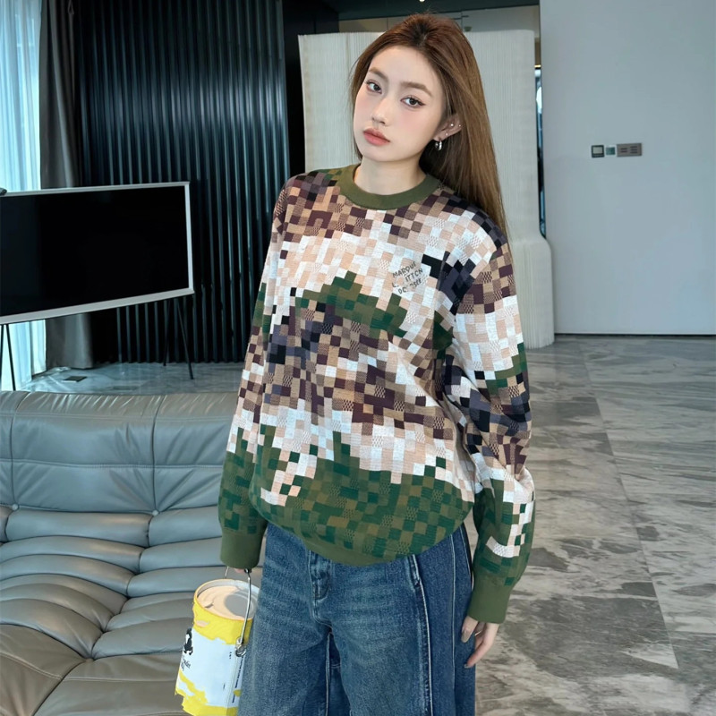 Correct Version Original Label Lujia Xiaohongshu Internet Celebrity Checkerboard Gradient Mosaic Camouflage Sweater for Men and Women