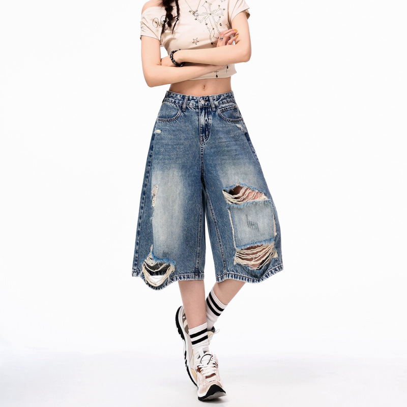 Vintage jeans agujeros para mujeres 2026 verano nuevo suelto delgado tamaño grande graso MM recto siete pantalones de piernas anchas