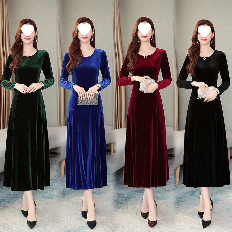 Spring and Autumn Korean Style New Arrival Gold Velvet plus size dress Women's Long-Sleeved Long Celebrity Evening Dress Over-the-Knee Mid-Length Dress Trendy