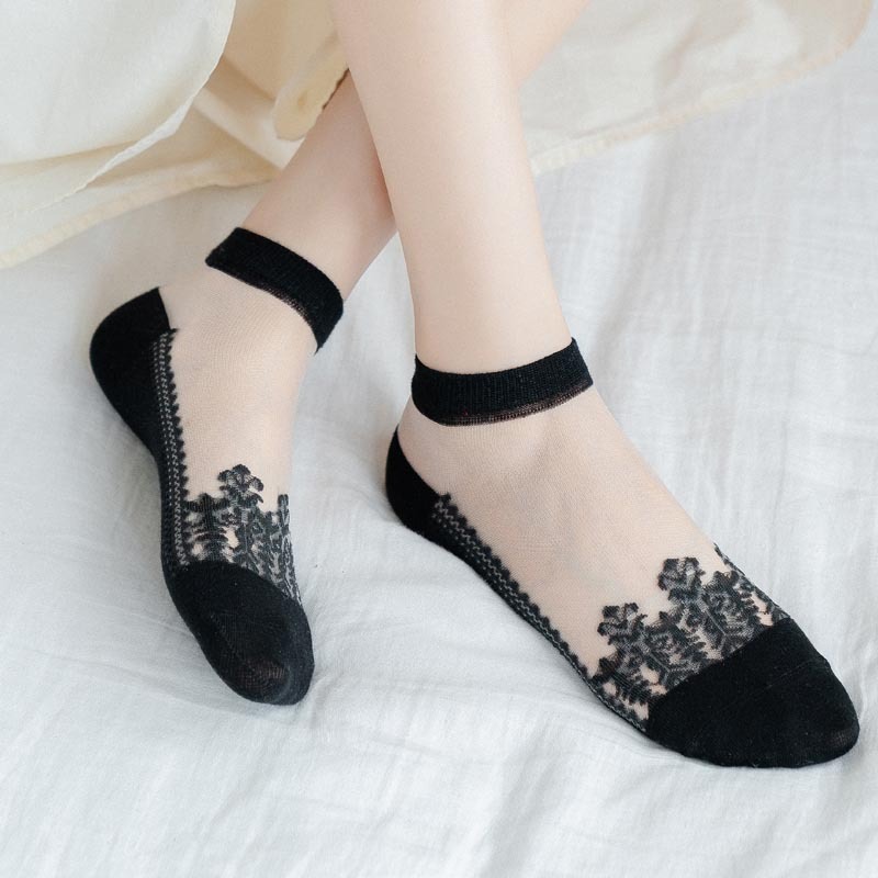 Women's Summer Thin Transparent Boat Socks with Lace Trim, Crystal Shallow Mouth Socks, Glass Silk Jacquard Breathable Short Socks