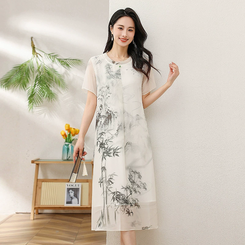 2025 новое платье с длинными рукавами, модное новое платье с цветочным принтом, большой размер, юбка средней длины, закрывающая живот, для похудения