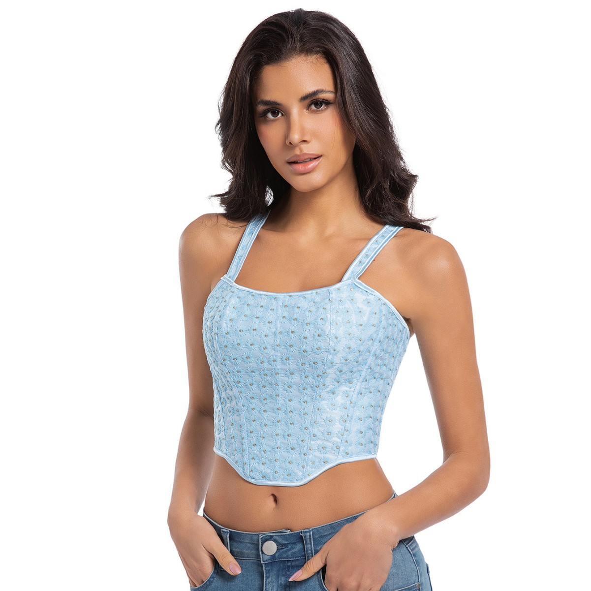 Nuevo estilo francés azul pequeño cinturón de hombro correa de pecho corsé hueso de pez mujer plástico productos transfronterizos