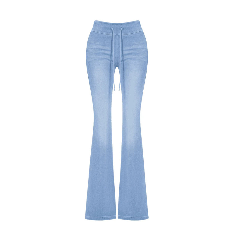Imitation denim fabric, women's slightly flared jeans with drawstring, high-waisted, hip-enhancing, slim-fit, thin, casual long pants Imitation denim fabric, women's slightly flared jeans with drawstring, high-waisted, hip-enhancing, slim-fit, thin, casual long pants