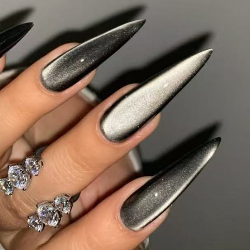 Cross-Border Popular Wholesale Gray Cat-Eye Wearable Nails Simple Long Pointed Manicure European and American Hot-Selling Nails