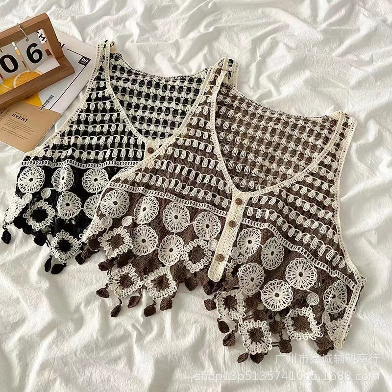 Summer new design sense niche chic embroidered sleeveless vest tassel hollow loose short vest top for women