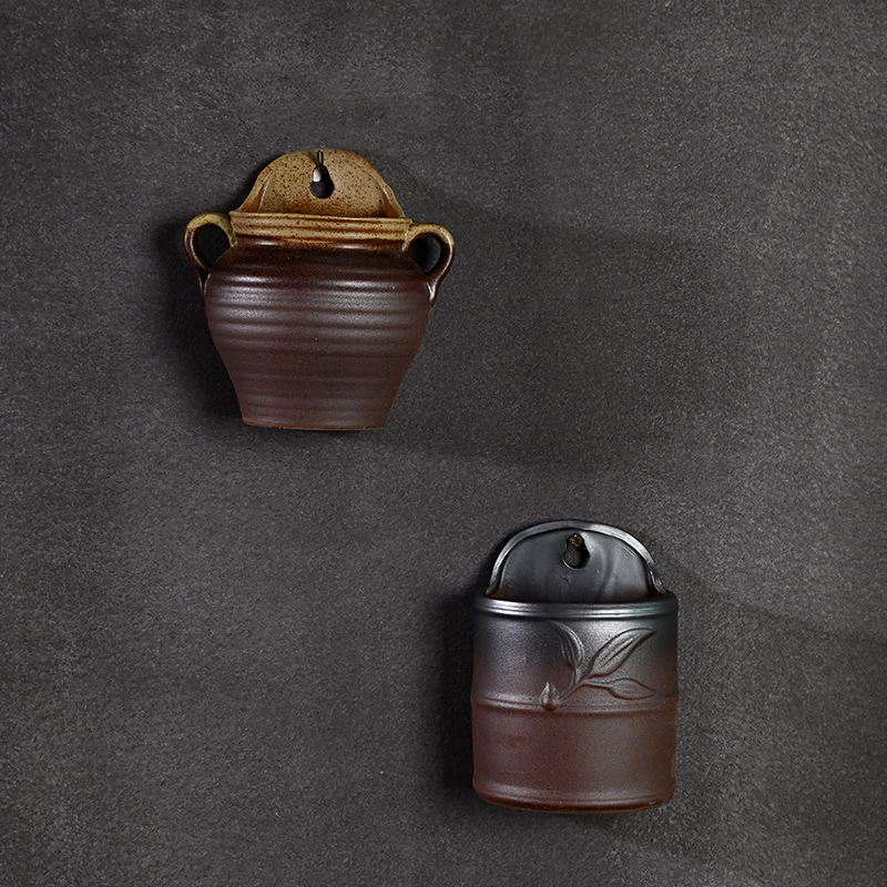 Patio al aire libre montado en la pared retro creativa maceta de eneldo verde cerámica de cerámica de gres para el hogar olla de cerámica carnosa liquidación al por mayor