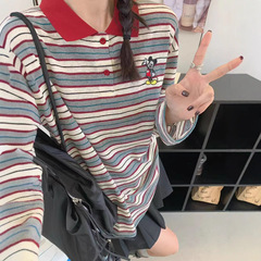 秋季新款韩版休闲时尚减龄卡通刺绣翻领宽松长袖T恤打底衫女1145