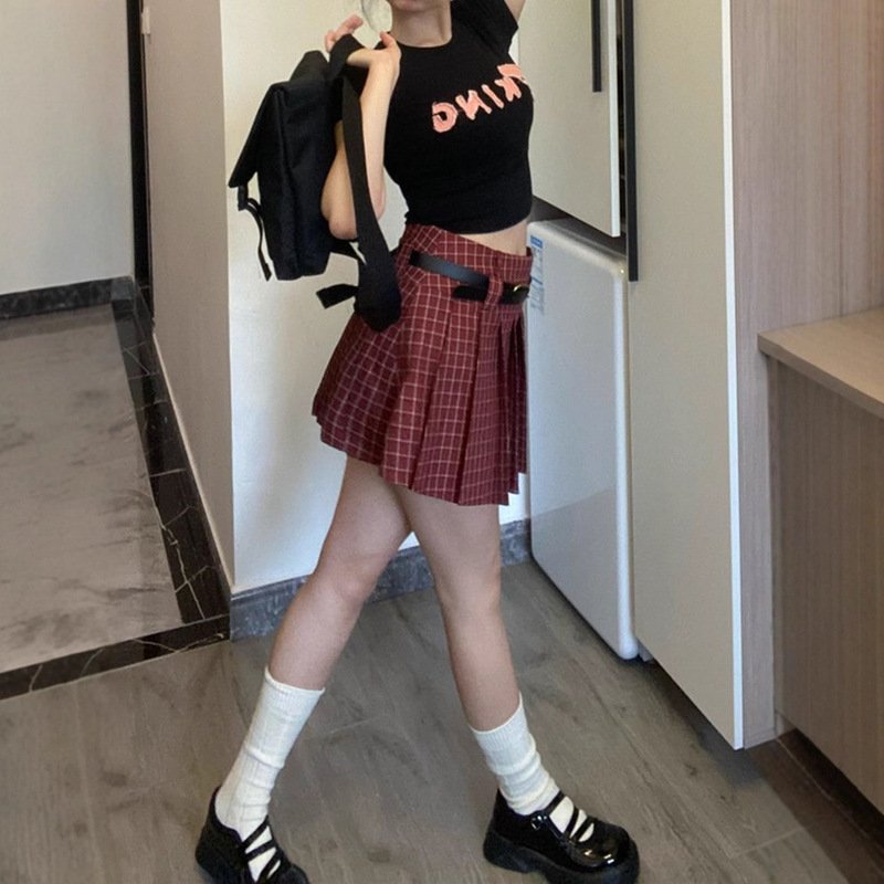 美式复古设计感红色格子百褶裙女大码胖mm学院风半身裙甜辣妹短裙|undefined