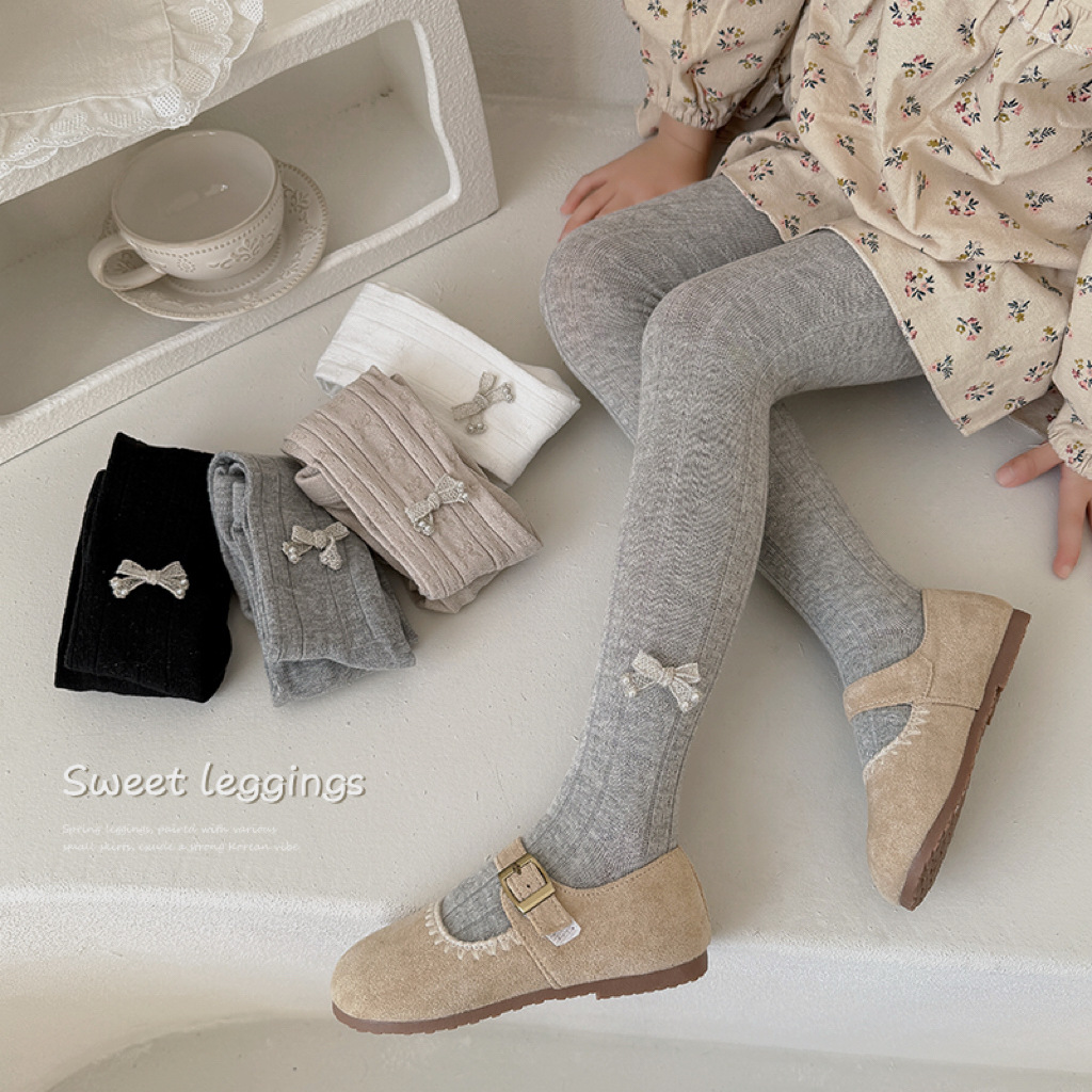 新款春季女童打底裤子宝宝春秋甜美蝴蝶结薄款外穿纯色儿童连裤袜