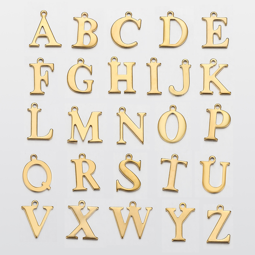 现货不锈钢镜面抛光金色字母8mm穿孔吊坠26个英文字母A-Z珠子diy