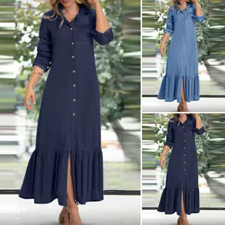 2023欧美秋季女装气质优雅时尚中性风长袖翻领开衫纯色长款牛仔裙