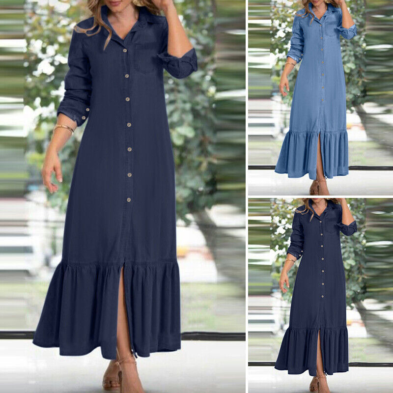 2022 European and American Autumn Women's Elegant Elegant Fashion Neutral Style Long Sleeve Lapel Cardigan Solid Color Long Denim Skirt