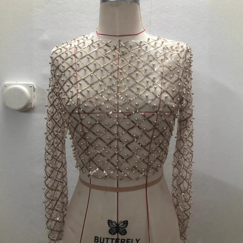 2023 European and American Foreign Trade New Amazon Hot Women's Sexy Mesh Beaded Sequin Long Sleeve Top T-Shirt