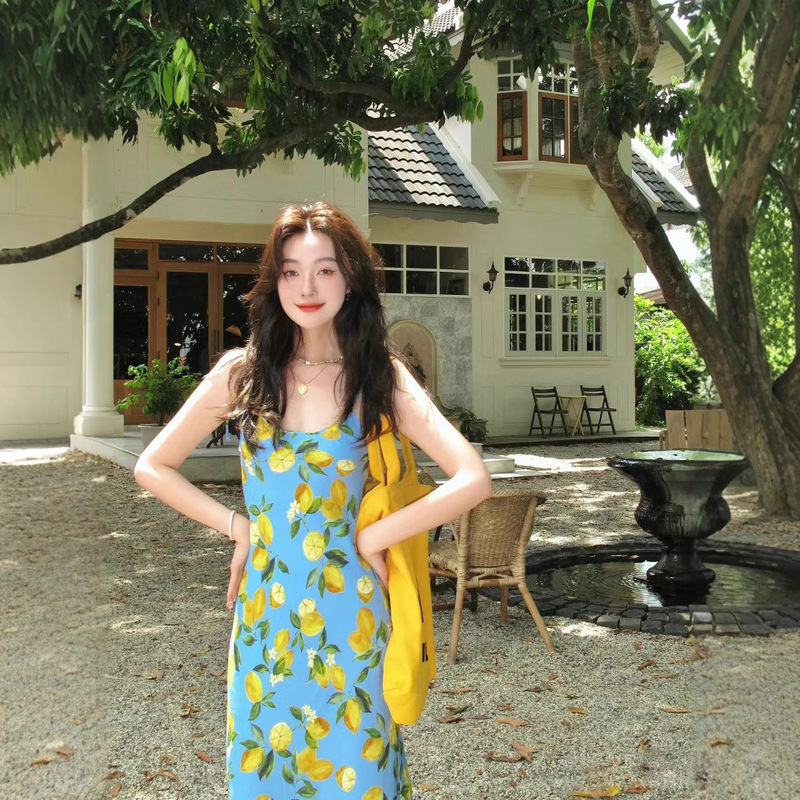 Tea Break Platycodon French Lemon Print Dress Seaside Vacation Wear Suspender Skirt Elegant Gentle Long Skirt Summer