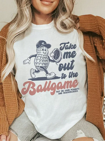 Cross-Border Spring and Summer New American Retro Baseball Peanut Cartoon Print T-Shirt Loose Round Neck Short-Sleeved Top