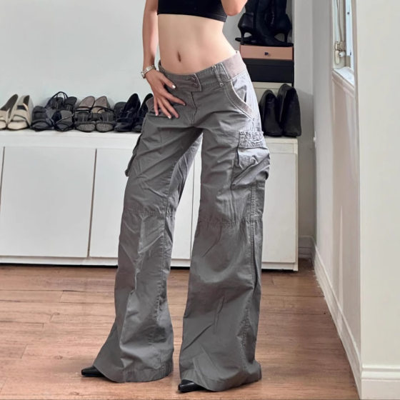 American Street Design Waist Stitching Slimming Pocket Crane Jeans High Waist Loose Slimming Straight Casual Pants