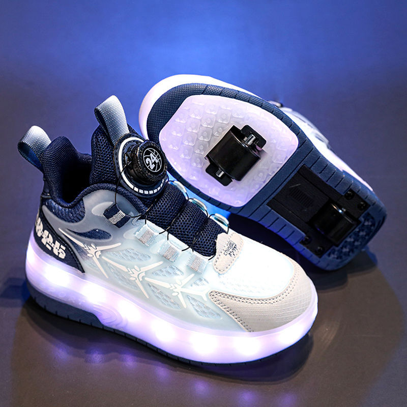 Boys' Heelys Shoes with Rotating Buckle, Children's Double-Wheel Sports Skates, Luminous High-Top Invisible Telescopic Student Roller Skates