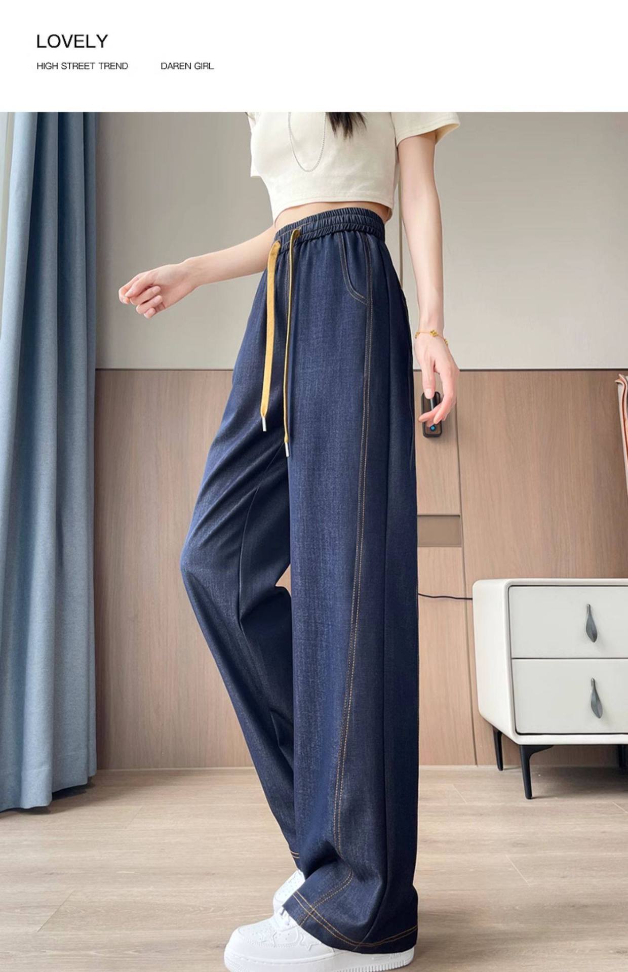 Quần tây nữ ống đứng cạp cao chất liệu tơ tằm mùa xuân hè — Một người đàn ông nhỏ màu đen chi tiết 37