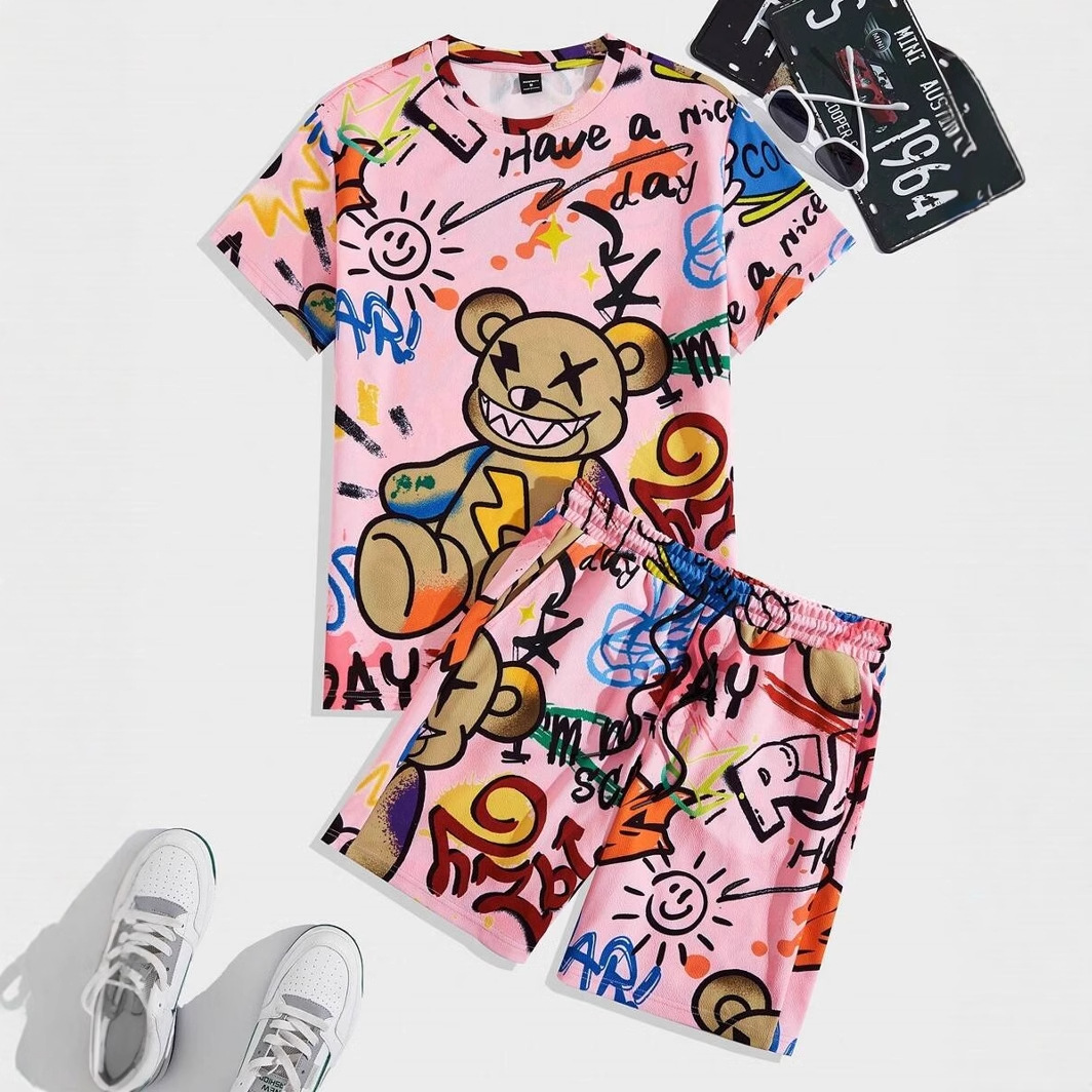 Tendencia colorido graffiti 3D estampado spot traje de hombre camiseta traje de hombre cuello redondo pantalones cortos con cordón de manga corta