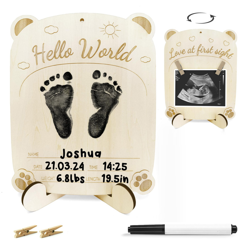 Baby Announcement Logo Wooden Baby Footprint Kit Ultrasonic Photo Frame, Hello World Newborn Logo Baby Announcement Logo Wooden Baby Footprint Kit Ultrasonic Photo Frame, Hello World Newborn Logo
