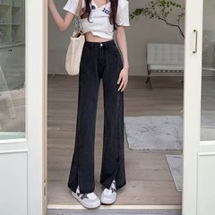 太ったmmのための少し太ったプラスサイズのスリット付きハイウエストストレートジーンズ、お尻と太い太ももに適した細いワイドレッグパンツ