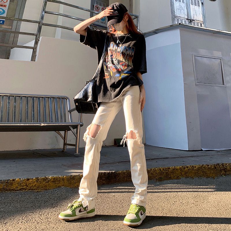 In-Stock Wholesale American-Style Slimming High-Waisted Straight-Leg Jeans with Zipper and Slit for Women, Cropped Wide-Leg Pants