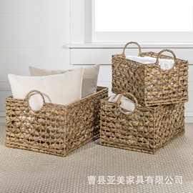 跨境水葫芦草编收纳篮可手提衣物储物筐手工编织镂空脏衣篮收纳筐