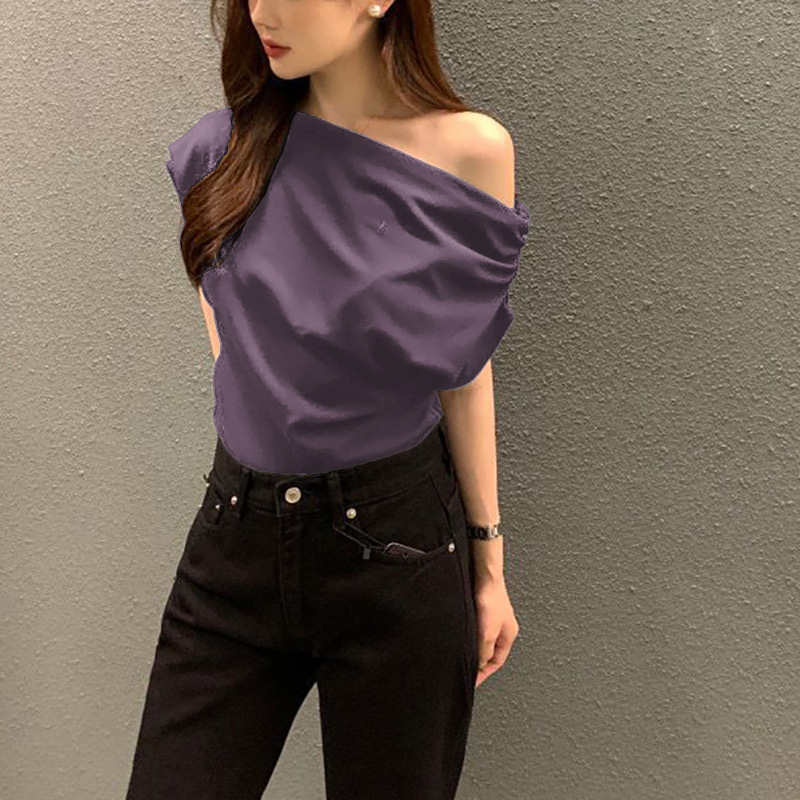 Summer New Niche Irregular Slanted Shoulder Design Loose Solid Color Pullover Short-sleeved T-shirt_ecoleips.com