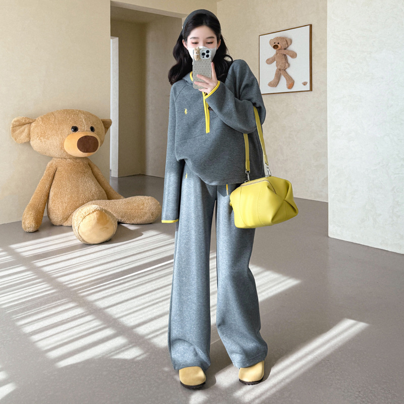 孕妇装秋季新款休闲撞色复合连帽运动卫衣抽绳腰阔腿卫裤孕妇套装|undefined