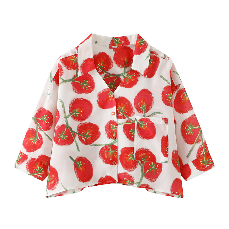 现货24夏季新款休闲风插肩袖番茄印花衬衫TN11SH029A