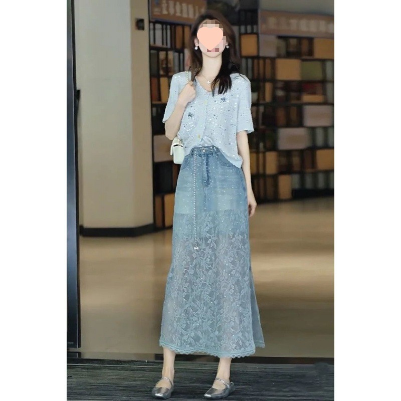 Retro Denim Lace Splicing Denim Skirt for Women 2025 Summer Hot Style High Waist Hot Diamond A-Line Side Slit Skirt