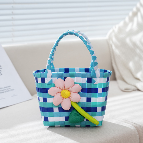 Children's Day Gift Blue Color Woven Vegetable Basket Bag Hand-held Basket Cartoon DIY Gift