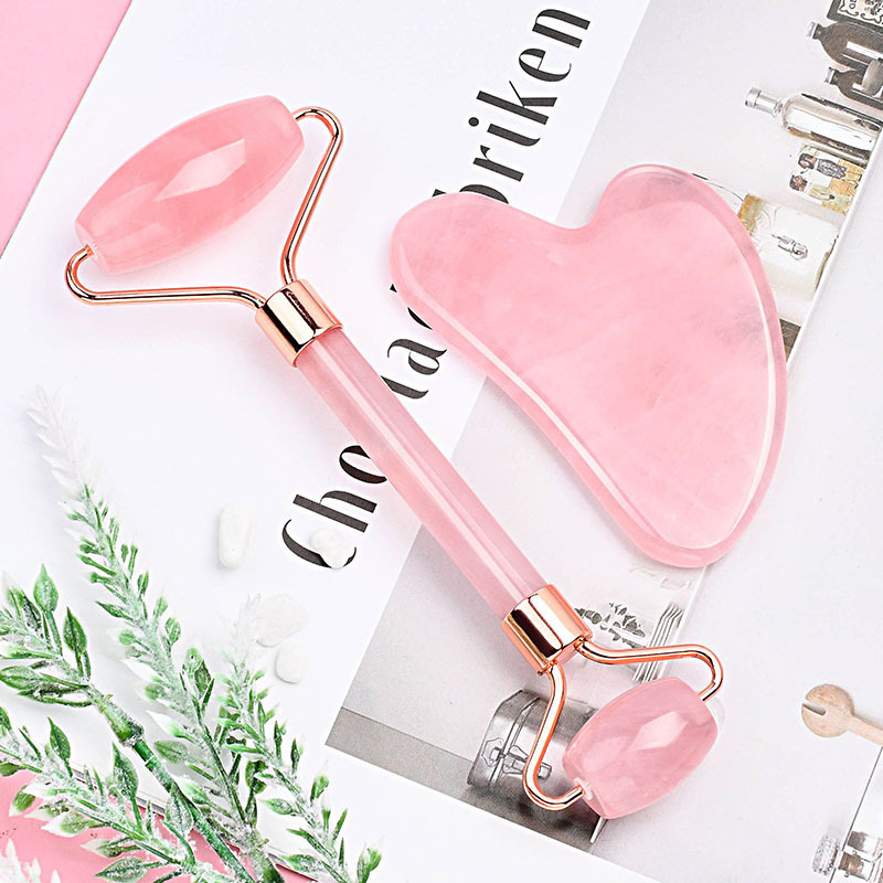 Amazon's Best-Selling Rose Quartz Jade Double-Headed Roller Massager Heart-Shaped Facial and Eye Massage Gua Sha Combination Set