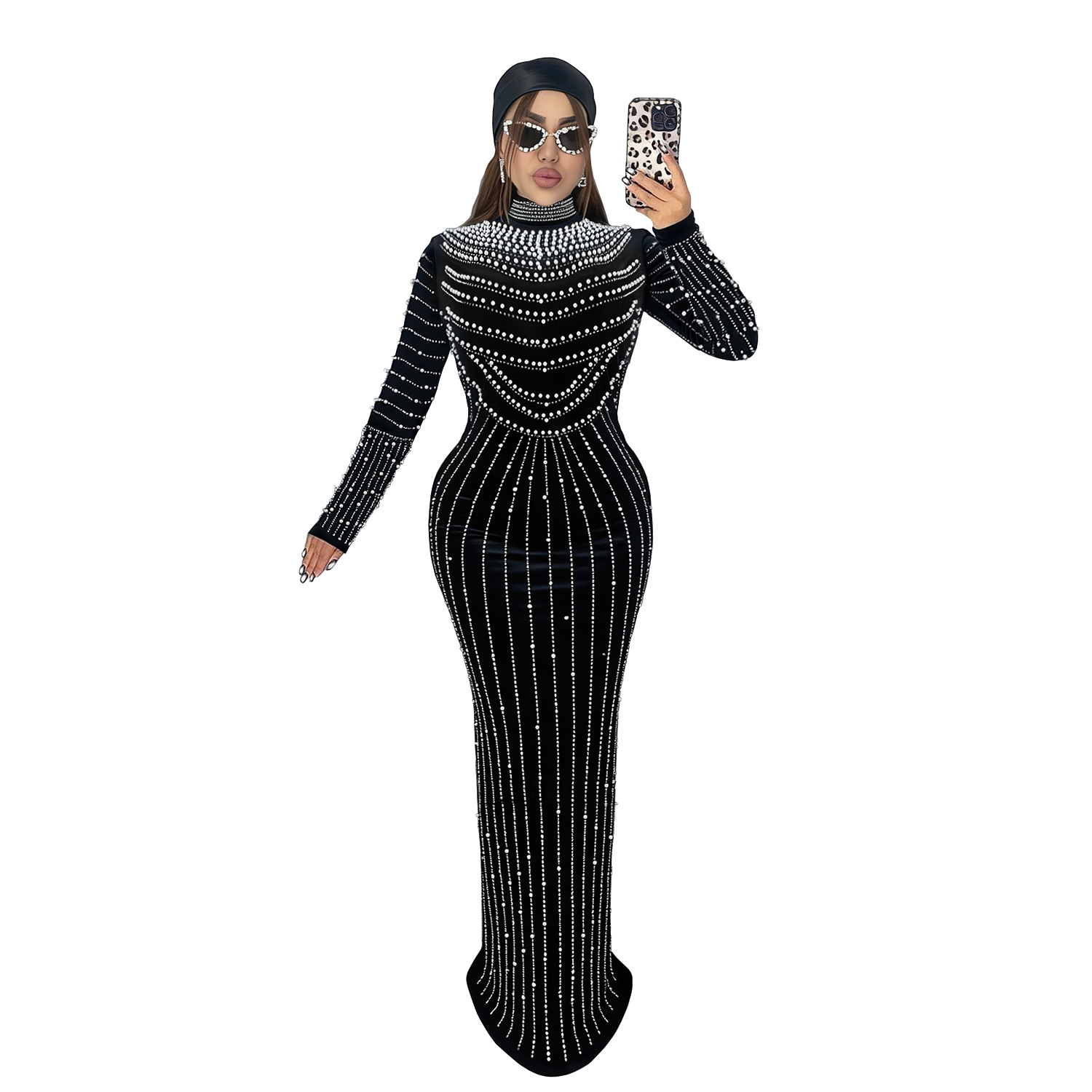 C7617 Aliexpress transfronterizo Amazon Europa y América de moda de mujer temperamento elegante de seda de diamante vestido de manga larga image 7
