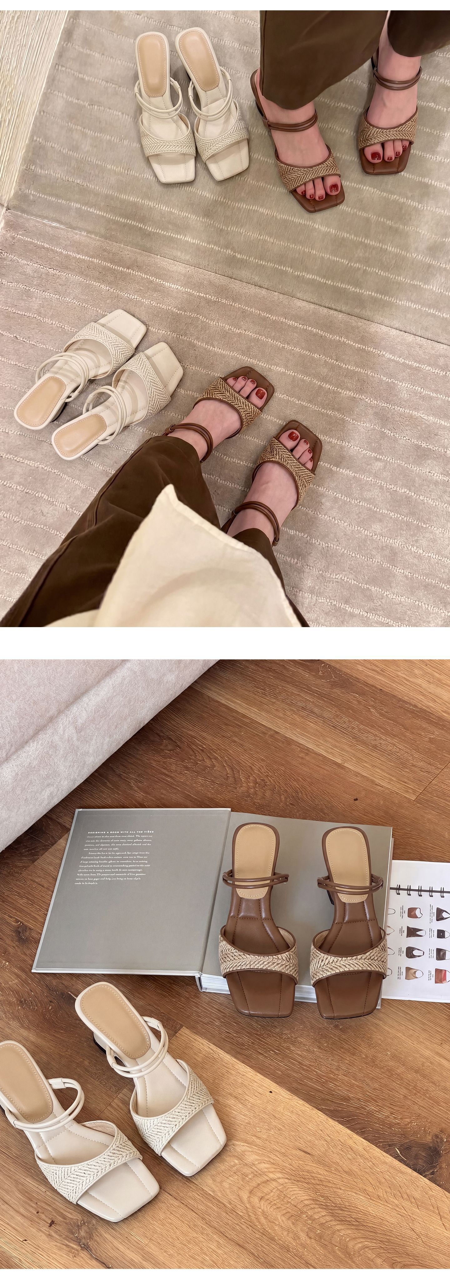 Sandal nữ quai đan mũi hở gót vuông dị hình phong cách nghỉ dưỡng — màu trắng ngà, màu mơ chi tiết 14