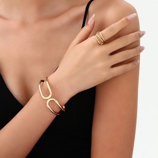 Moda transfronteriza europea y americana personalidad creativa metal geométrico cuadrado apertura ajustable pulsera femenina anillo conjunto de joyería image 10