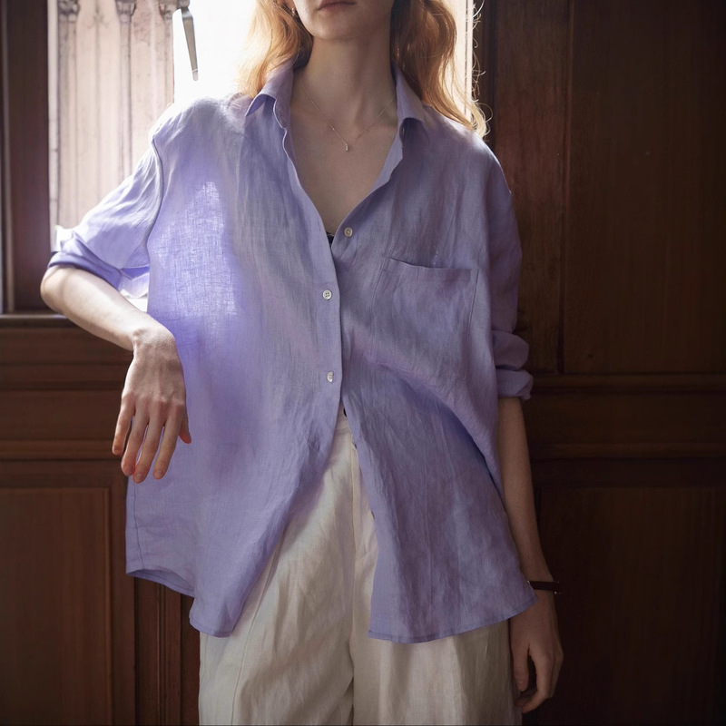 2025Ss Classy 100 Natural Sand Washed Linen Taro Purple Long-Sleeved Shirt Blouse
