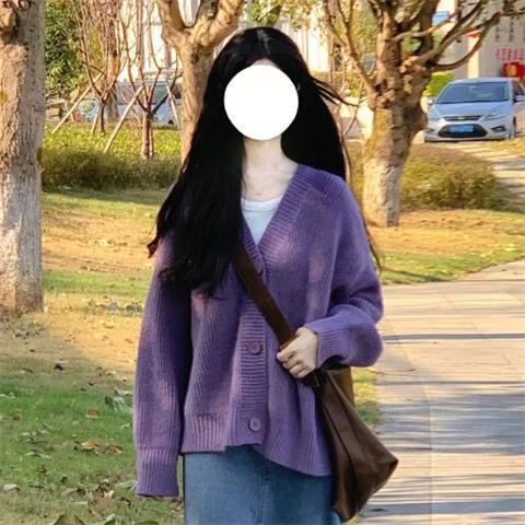 秋冬季轻熟御姐小个子穿搭紫色慵懒毛衣牛仔半身裙温柔风两件套装|undefined