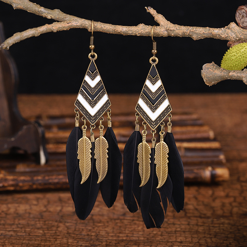 Fashion Leaves Diamond Long Tassel Feather Earrings Female Bohemian Jewelry display picture 4